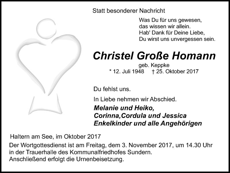  Traueranzeige für Christel Große Homann vom 30.10.2017 aus Ruhr Nachrichten und Halterner Zeitung
