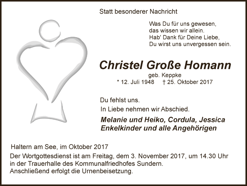  Traueranzeige für Christel Große Homann vom 28.10.2017 aus Ruhr Nachrichten und Halterner Zeitung