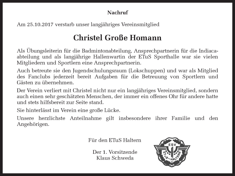  Traueranzeige für Christel Große Homann vom 31.10.2017 aus Ruhr Nachrichten und Halterner Zeitung