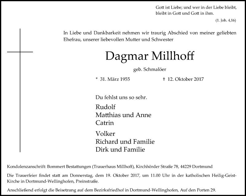  Traueranzeige für Dagmar Millhoff vom 17.10.2017 aus Ruhr Nachrichten