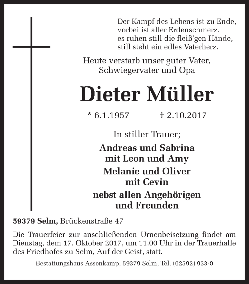  Traueranzeige für Dieter Müller vom 07.10.2017 aus Ruhr Nachrichten