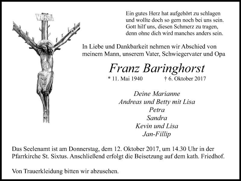  Traueranzeige für Franz Baringhorst vom 10.10.2017 aus Ruhr Nachrichten und Halterner Zeitung