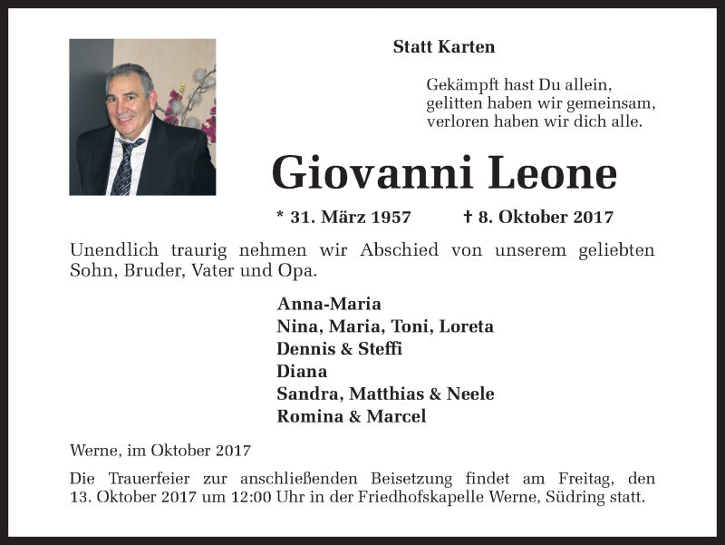  Traueranzeige für Giovanni Leone vom 10.10.2017 aus Ruhr Nachrichten