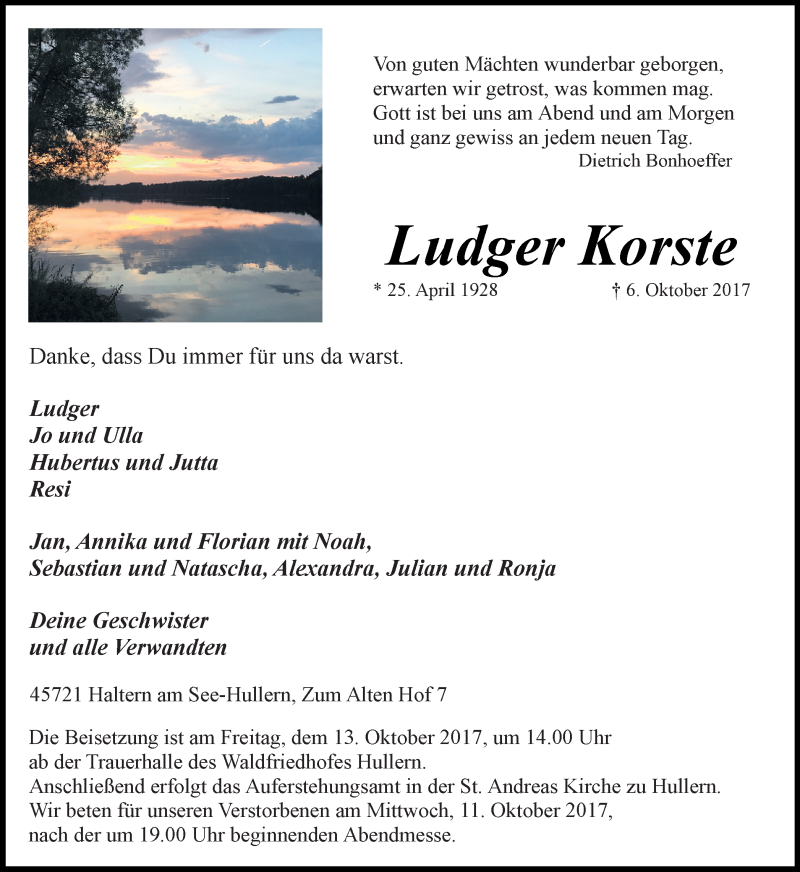  Traueranzeige für Ludger Korste vom 09.10.2017 aus Ruhr Nachrichten und Halterner Zeitung