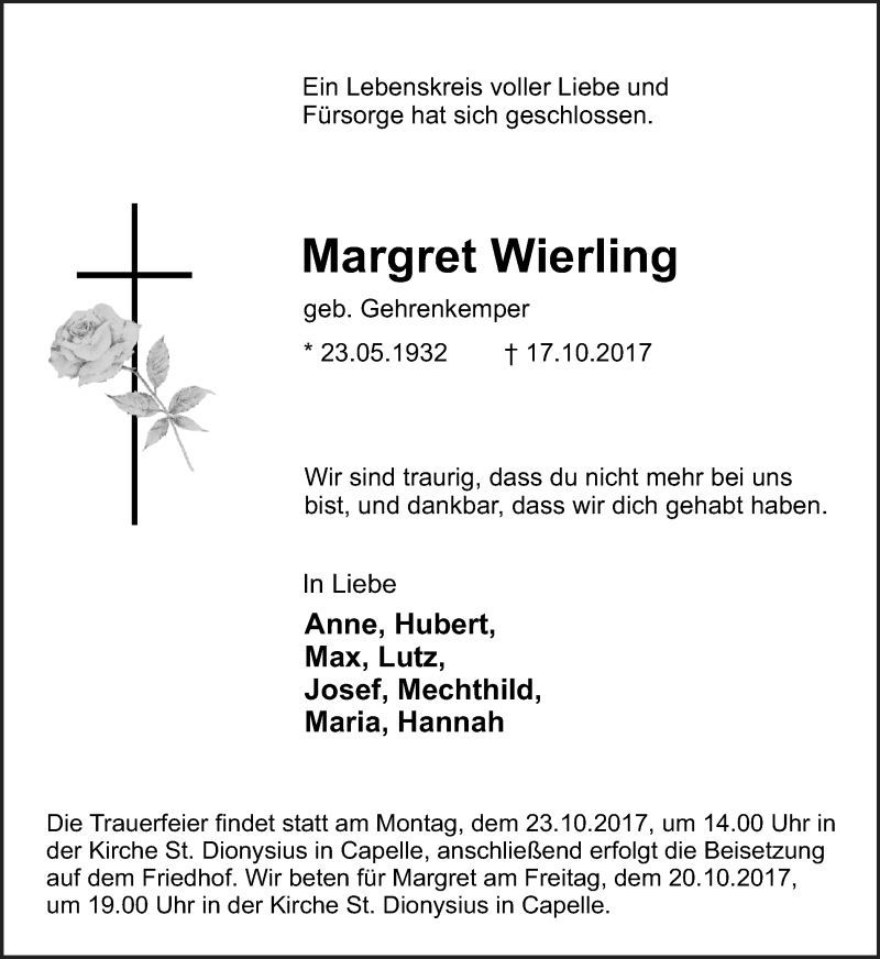  Traueranzeige für Margret Wierling vom 19.10.2017 aus Ruhr Nachrichten
