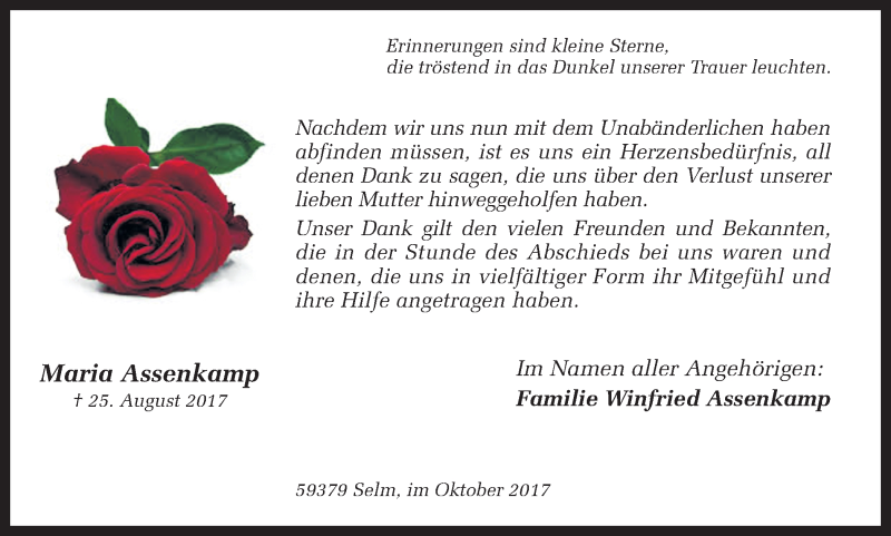  Traueranzeige für Maria Assenkamp vom 14.10.2017 aus Ruhr Nachrichten