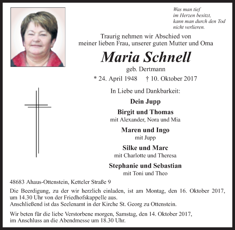  Traueranzeige für Maria Schnell vom 13.10.2017 aus Münstersche Zeitung und Münsterland Zeitung