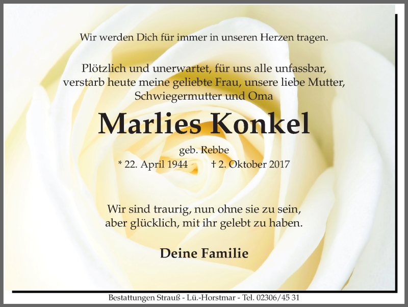  Traueranzeige für Marlies Konkel vom 07.10.2017 aus Ruhr Nachrichten