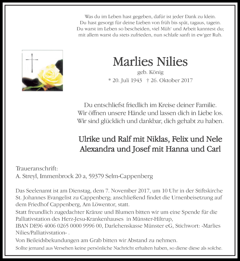  Traueranzeige für Marlies Nilies vom 30.10.2017 aus Ruhr Nachrichten