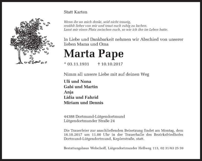  Traueranzeige für Marta Pape vom 13.10.2017 aus Ruhr Nachrichten