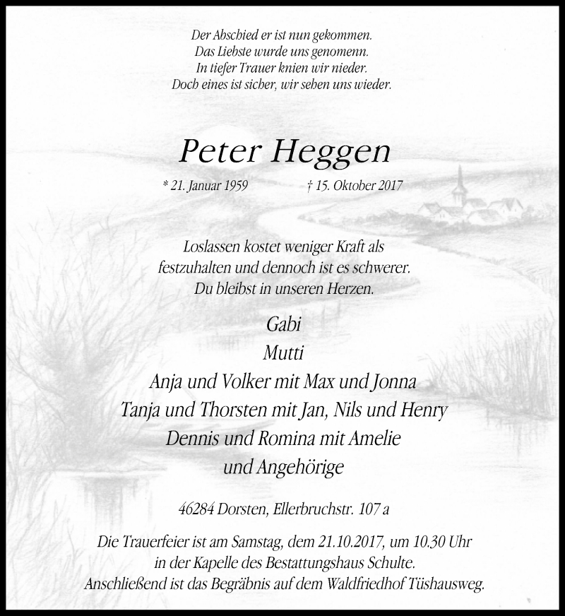  Traueranzeige für Peter Heggen vom 19.10.2017 aus Ruhr Nachrichten und Dorstener Zeitung