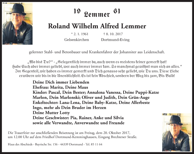  Traueranzeige für Roland Wilhelm Alfred Lemmer vom 17.10.2017 aus Ruhr Nachrichten