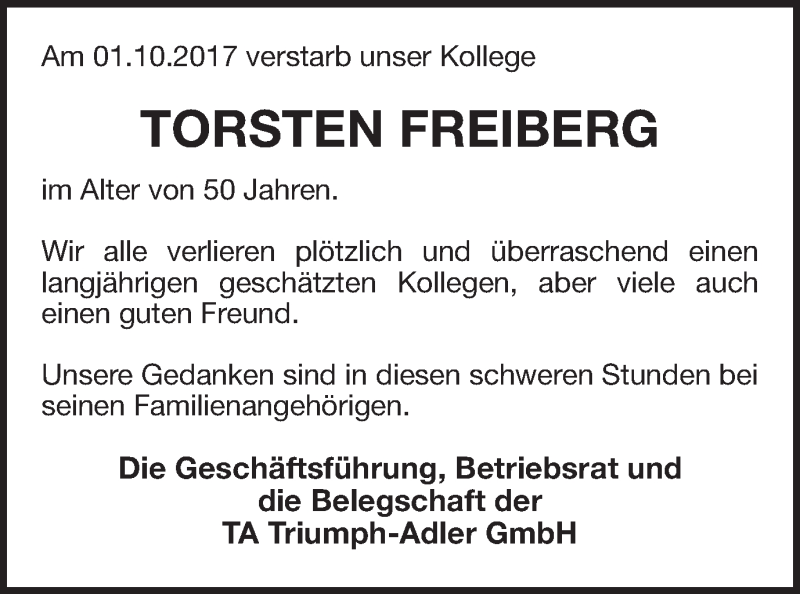  Traueranzeige für Torsten Freiberg vom 10.10.2017 aus Ruhr Nachrichten