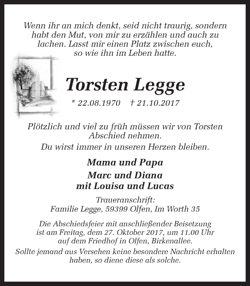  Traueranzeige für Torsten Legge vom 25.10.2017 aus Ruhr Nachrichten