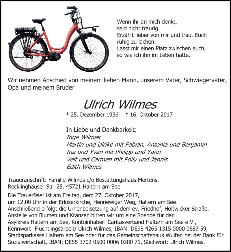  Traueranzeige für Ulrich Wilmes vom 21.10.2017 aus Ruhr Nachrichten und Dorstener Zeitung