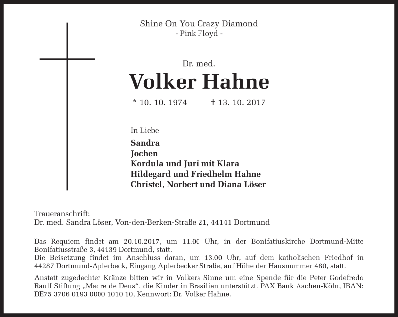 Traueranzeige für Volker Hahne vom 17.10.2017 aus Ruhr Nachrichten