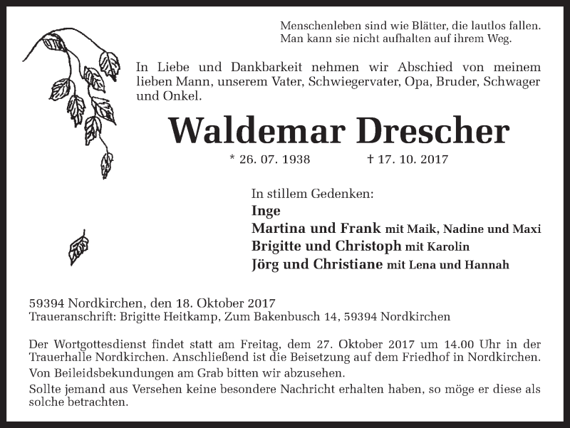  Traueranzeige für Waldemar Drescher vom 21.10.2017 aus Ruhr Nachrichten