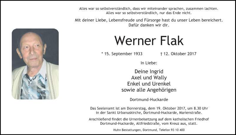  Traueranzeige für Werner Flak vom 17.10.2017 aus Ruhr Nachrichten
