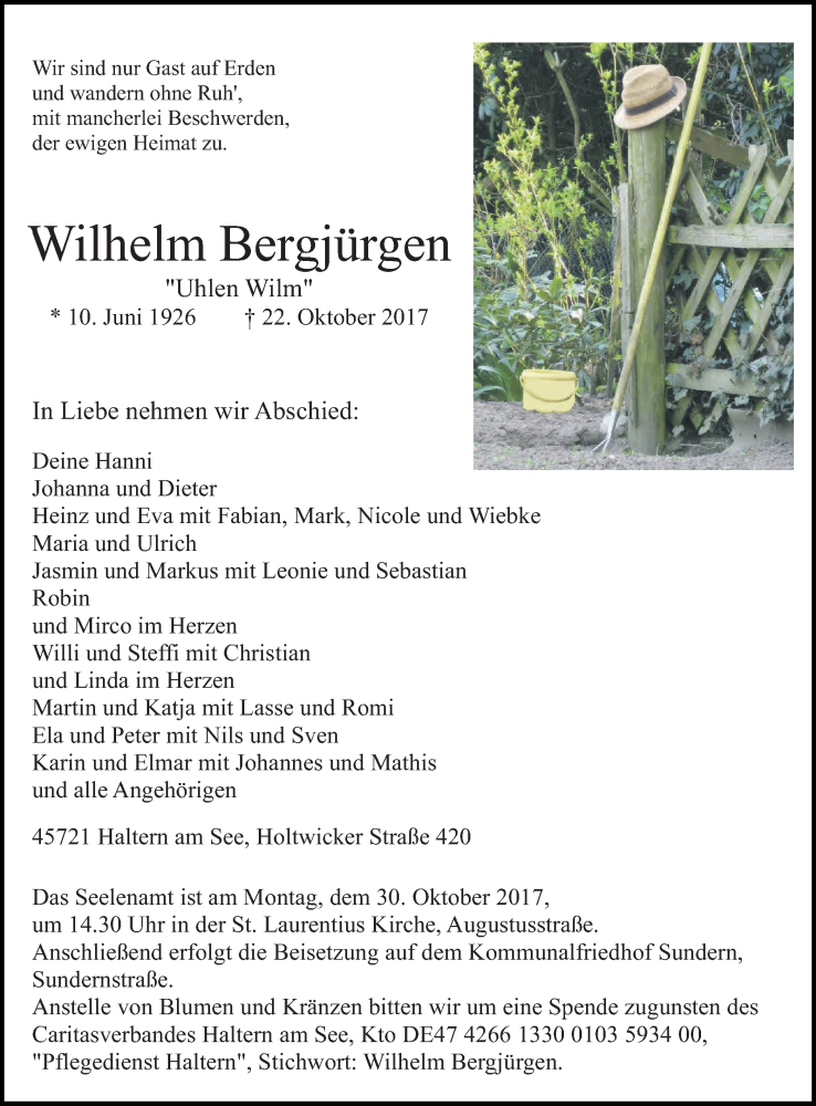  Traueranzeige für Wilhelm Bergjürgen vom 25.10.2017 aus Ruhr Nachrichten und Halterner Zeitung