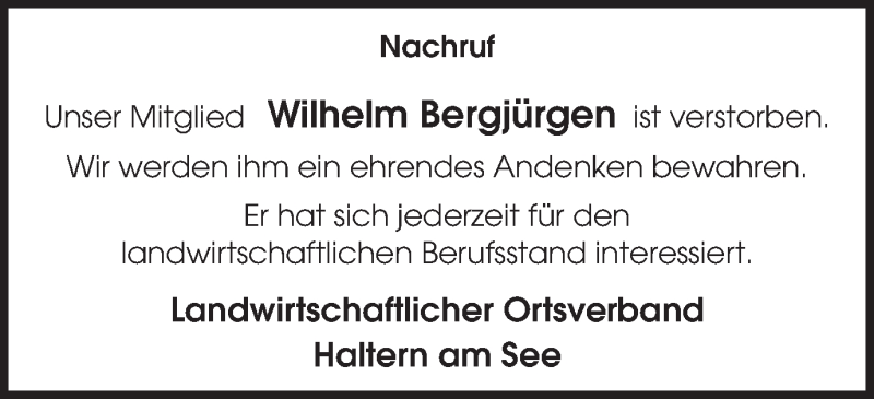  Traueranzeige für Wilhelm Bergjürgen vom 26.10.2017 aus Ruhr Nachrichten und Halterner Zeitung