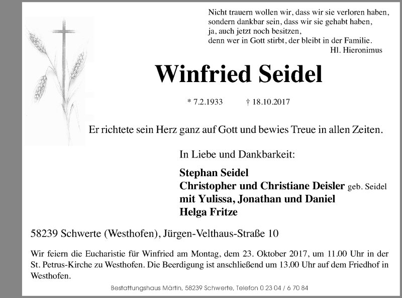  Traueranzeige für Winfried Seidel vom 20.10.2017 aus Ruhr Nachrichten