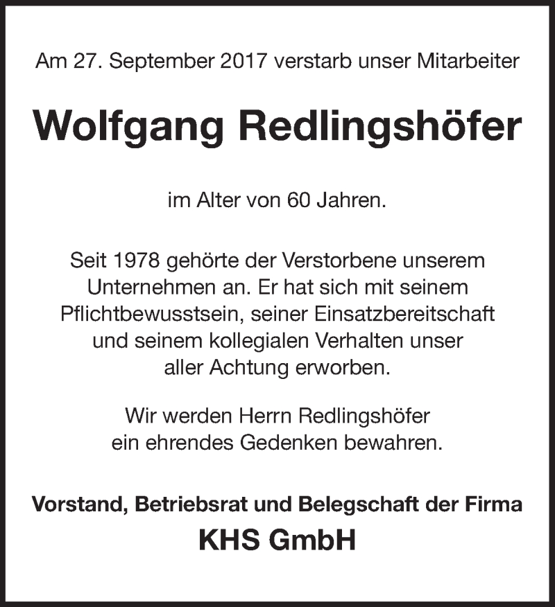  Traueranzeige für Wolfgang Redlingshöfer vom 11.10.2017 aus Ruhr Nachrichten