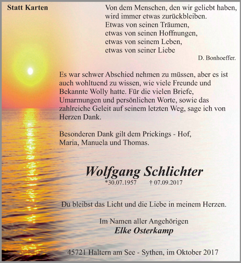  Traueranzeige für Wolfgang Schlichter vom 12.10.2017 aus Ruhr Nachrichten und Halterner Zeitung