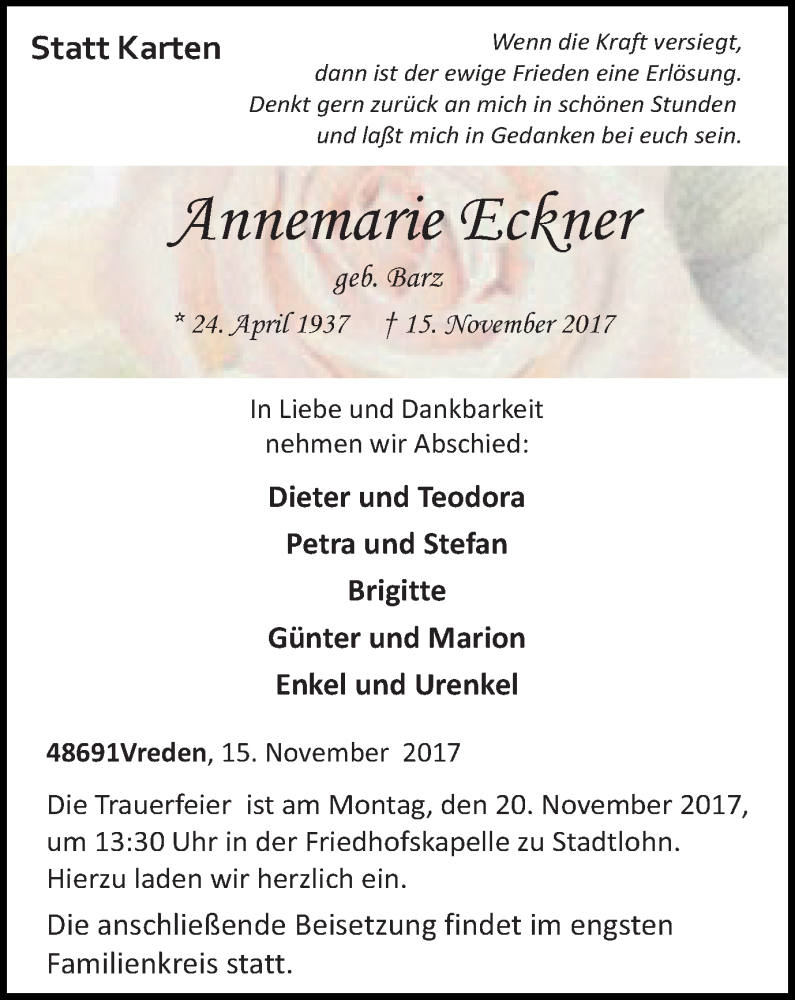  Traueranzeige für Annemarie Eckner vom 17.11.2017 aus Münstersche Zeitung und Münsterland Zeitung