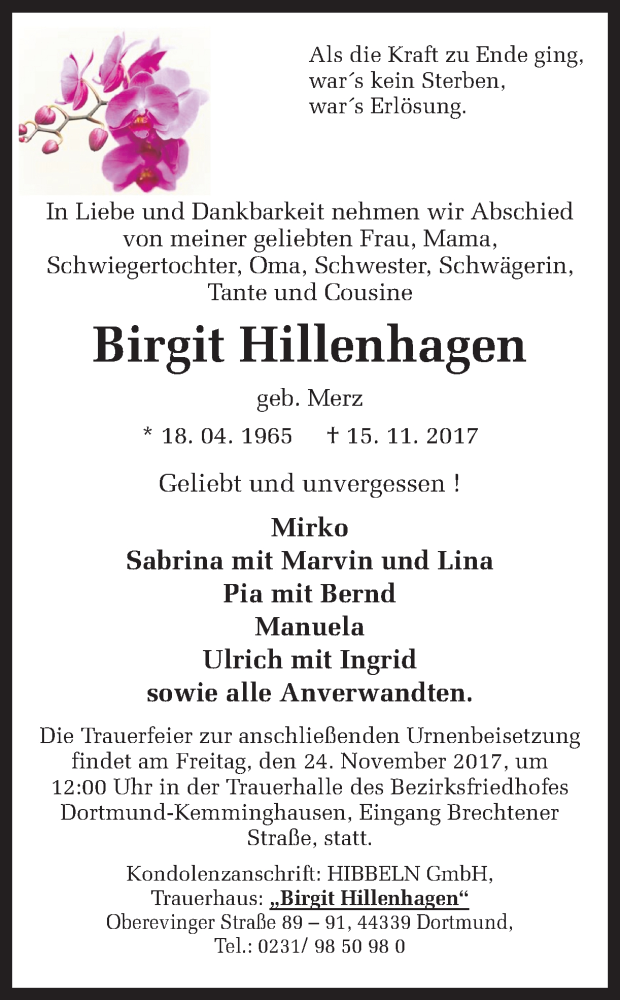  Traueranzeige für Birgit Hillenhagen vom 20.11.2017 aus Ruhr Nachrichten