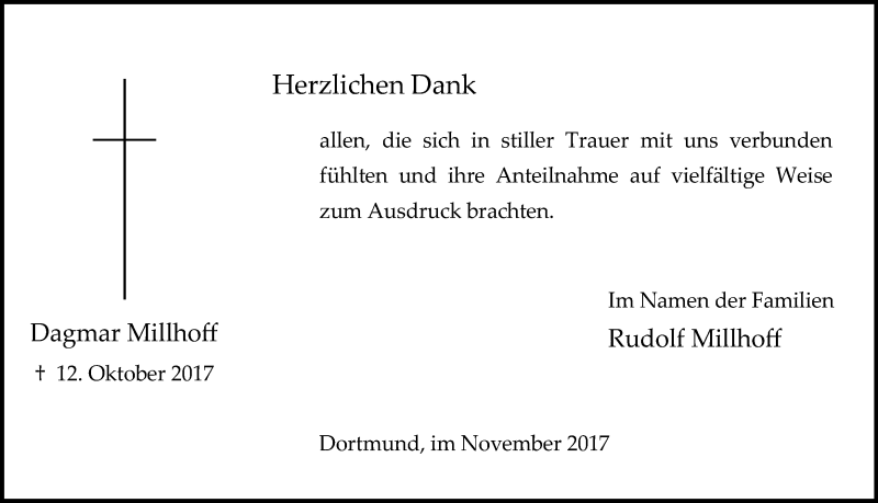  Traueranzeige für Dagmar Millhoff vom 11.11.2017 aus Ruhr Nachrichten
