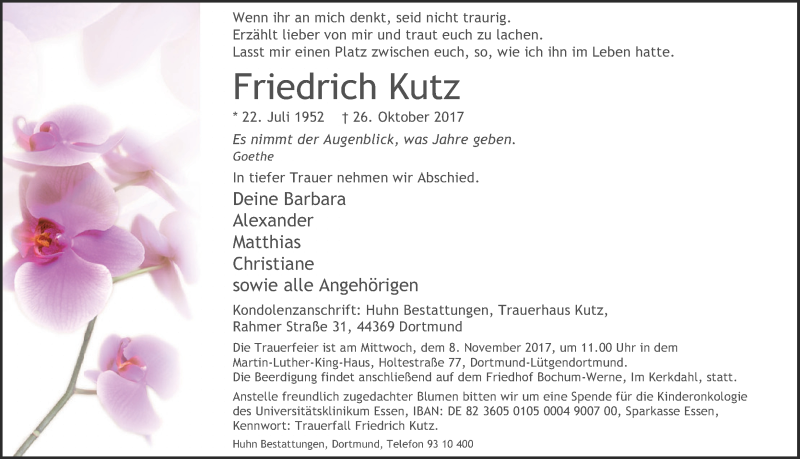  Traueranzeige für Friedrich Kutz vom 07.11.2017 aus Ruhr Nachrichten