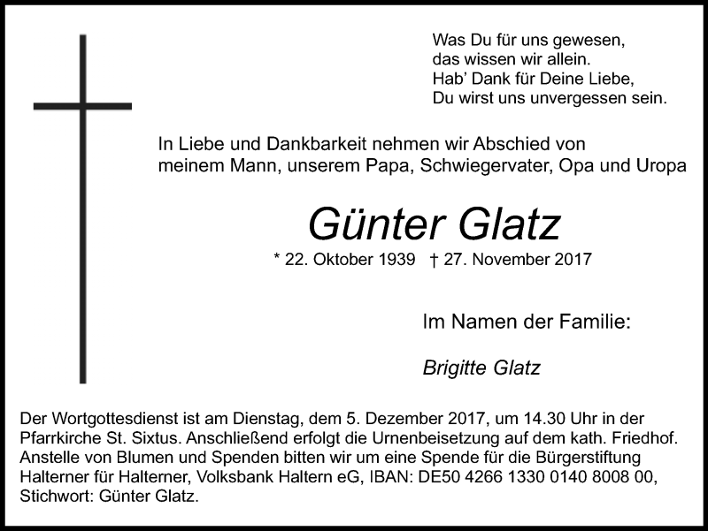 Traueranzeige für Günter Glatz vom 30.11.2017 aus Ruhr Nachrichten und Halterner Zeitung