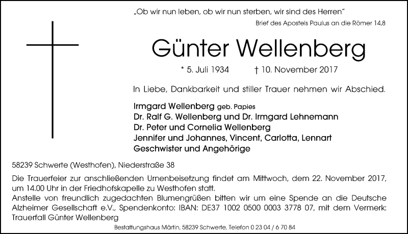  Traueranzeige für Günter Wellenberg vom 15.11.2017 aus Ruhr Nachrichten