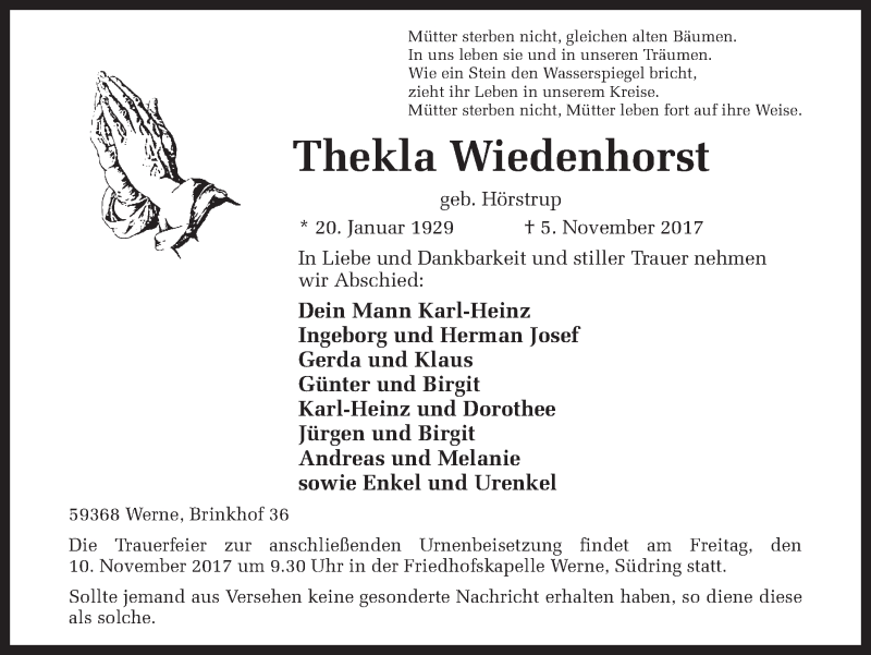  Traueranzeige für Thekla Wiedenhorst vom 08.11.2017 aus Ruhr Nachrichten