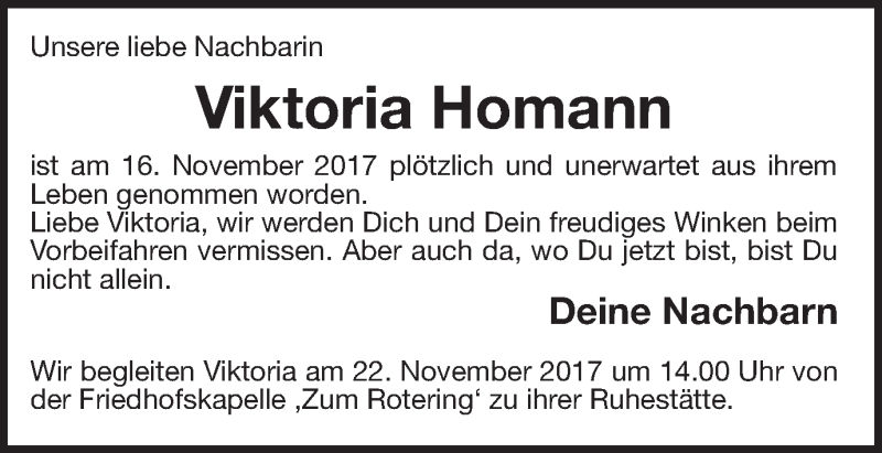  Traueranzeige für Viktoria Homann vom 21.11.2017 aus Münstersche Zeitung und Münsterland Zeitung