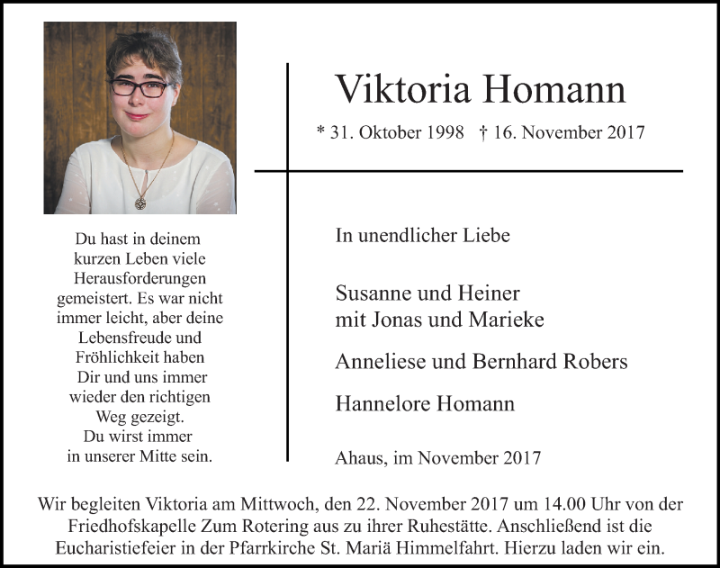  Traueranzeige für Viktoria Homann vom 18.11.2017 aus Münstersche Zeitung und Münsterland Zeitung