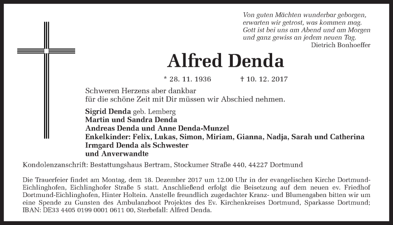  Traueranzeige für Alfred Denda vom 13.12.2017 aus Ruhr Nachrichten