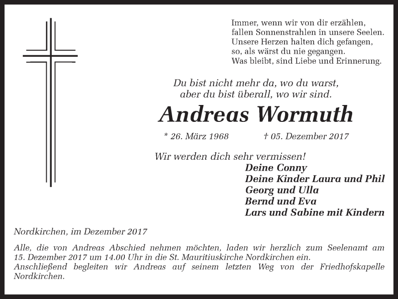  Traueranzeige für Andreas Wormuth vom 09.12.2017 aus Ruhr Nachrichten