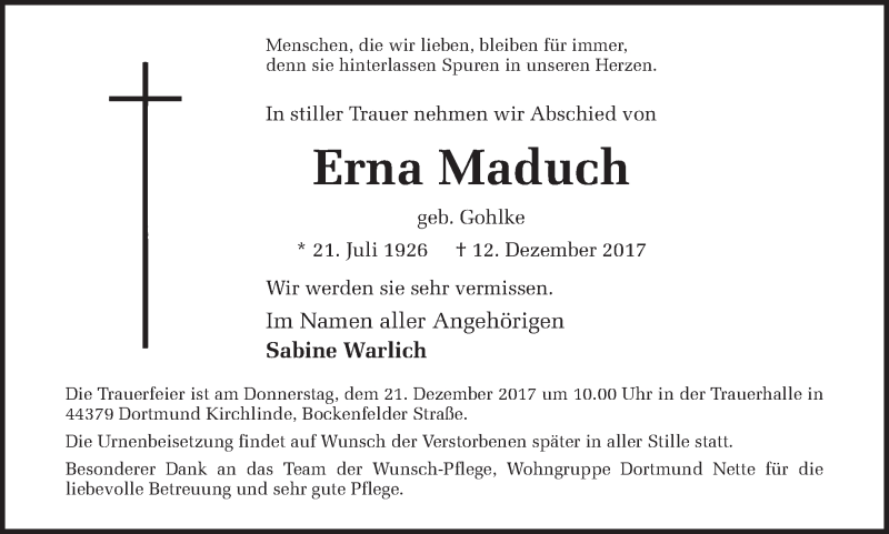  Traueranzeige für Erna Maduch vom 16.12.2017 aus Ruhr Nachrichten