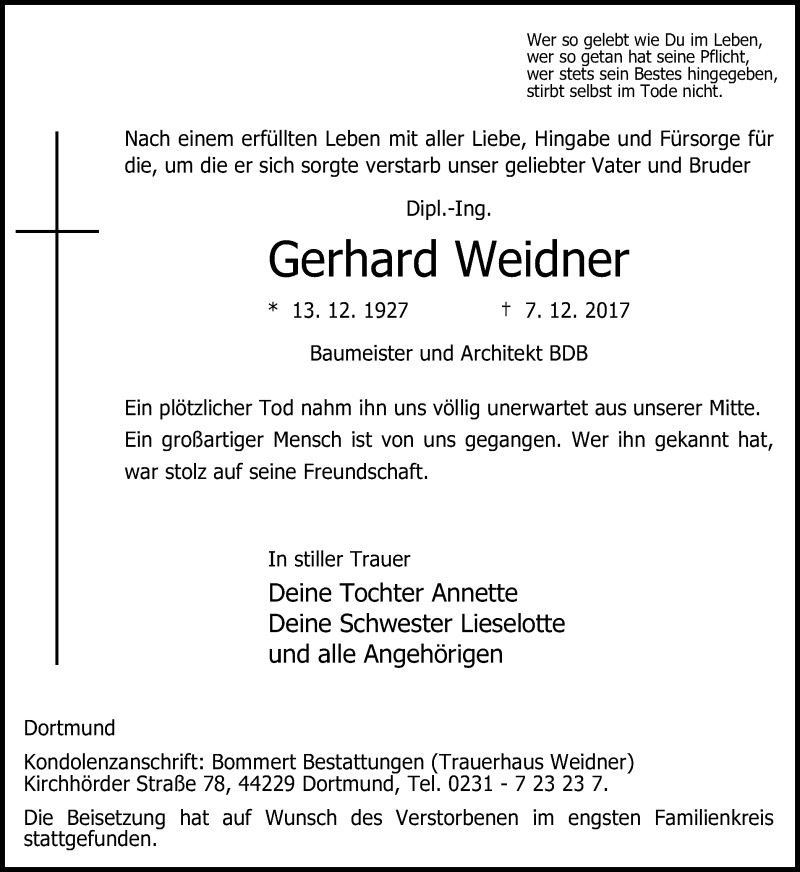  Traueranzeige für Gerhard Weidner vom 16.12.2017 aus Ruhr Nachrichten