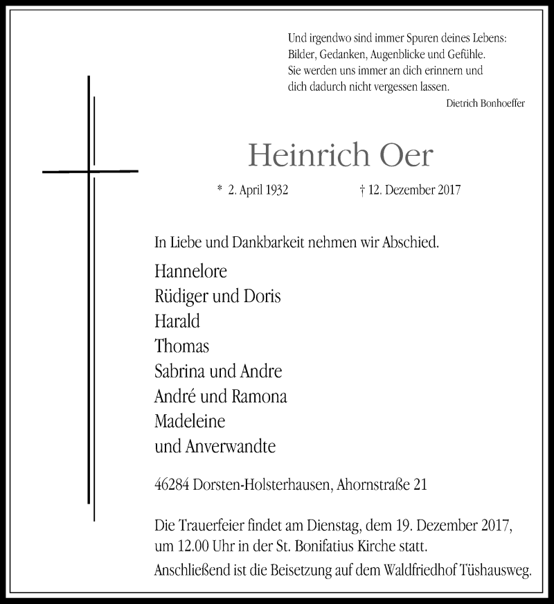  Traueranzeige für Heinrich Oer vom 16.12.2017 aus Ruhr Nachrichten und Dorstener Zeitung