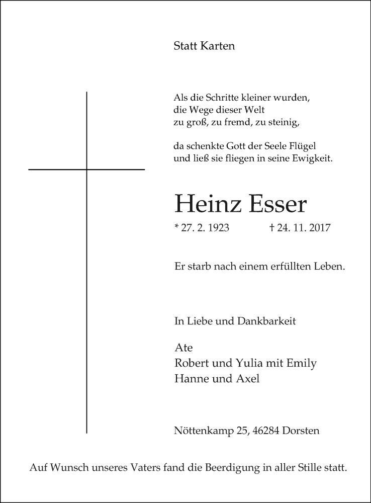 Traueranzeige für Heinz Esser vom 01.12.2017 aus Ruhr Nachrichten und Dorstener Zeitung