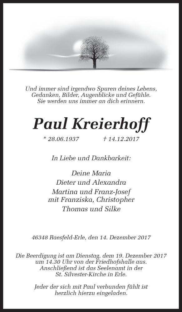  Traueranzeige für Paul Kreierhoff vom 16.12.2017 aus Ruhr Nachrichten und Dorstener Zeitung