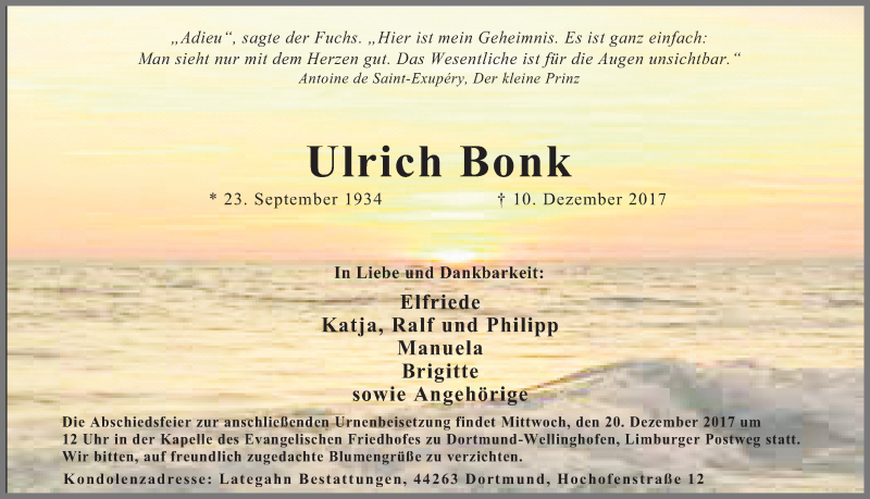  Traueranzeige für Ulrich Bonk vom 15.12.2017 aus Ruhr Nachrichten