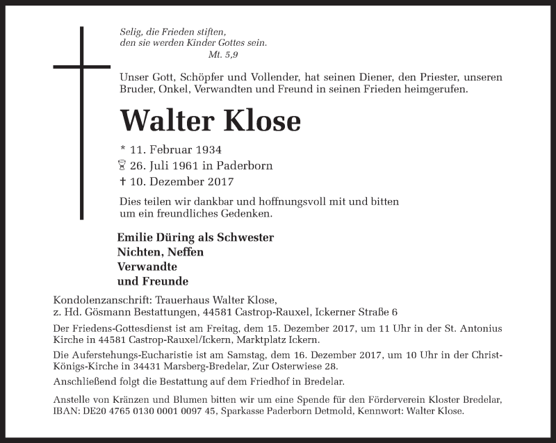  Traueranzeige für Walter Klose vom 13.12.2017 aus Ruhr Nachrichten