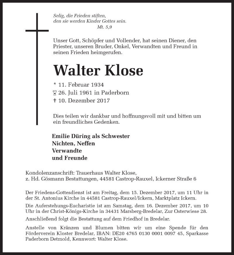  Traueranzeige für Walter Klose vom 13.12.2017 aus Ruhr Nachrichten