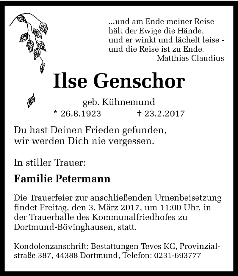  Traueranzeige für Ilse Genschor vom 28.02.2017 aus Ruhr Nachrichten