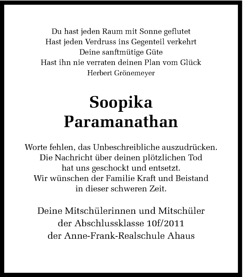  Traueranzeige für Soopika Paramanathan vom 18.02.2017 aus Münstersche Zeitung und Münsterland Zeitung