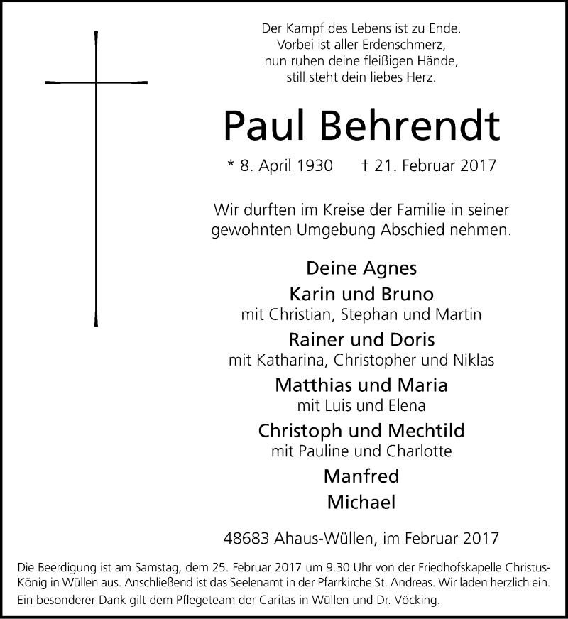  Traueranzeige für Paul Behrendt vom 22.02.2017 aus Münstersche Zeitung und Münsterland Zeitung