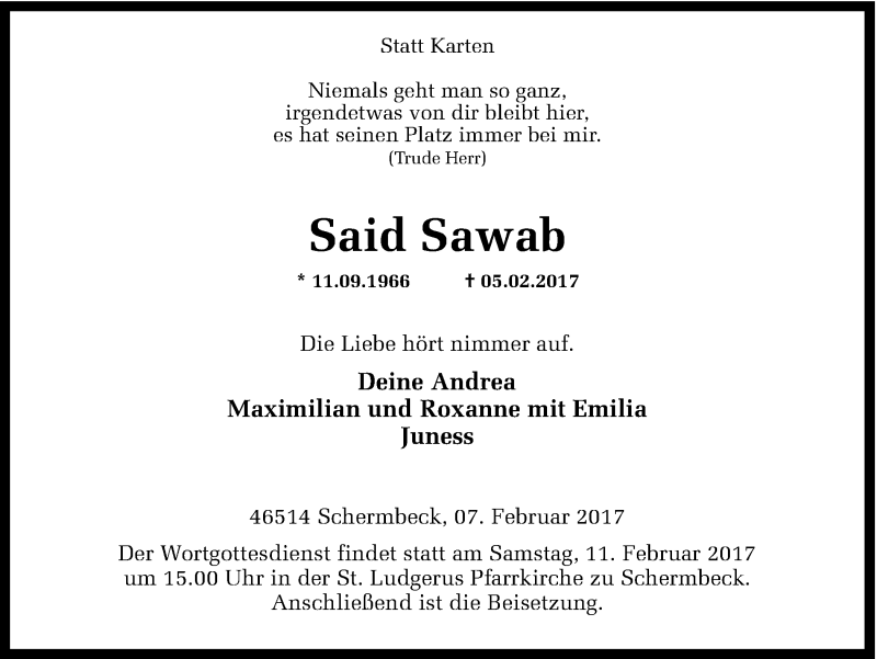  Traueranzeige für Said Sawab vom 08.02.2017 aus Ruhr Nachrichten und Dorstener Zeitung
